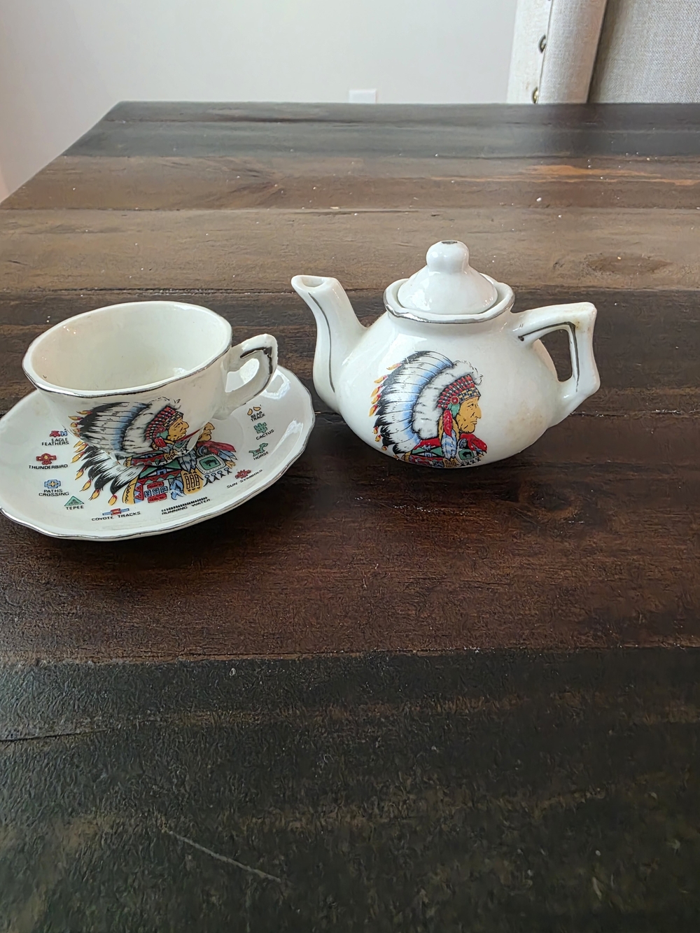 White Ceramic Teapot and Cup Set with Colorful Native Chief Decal